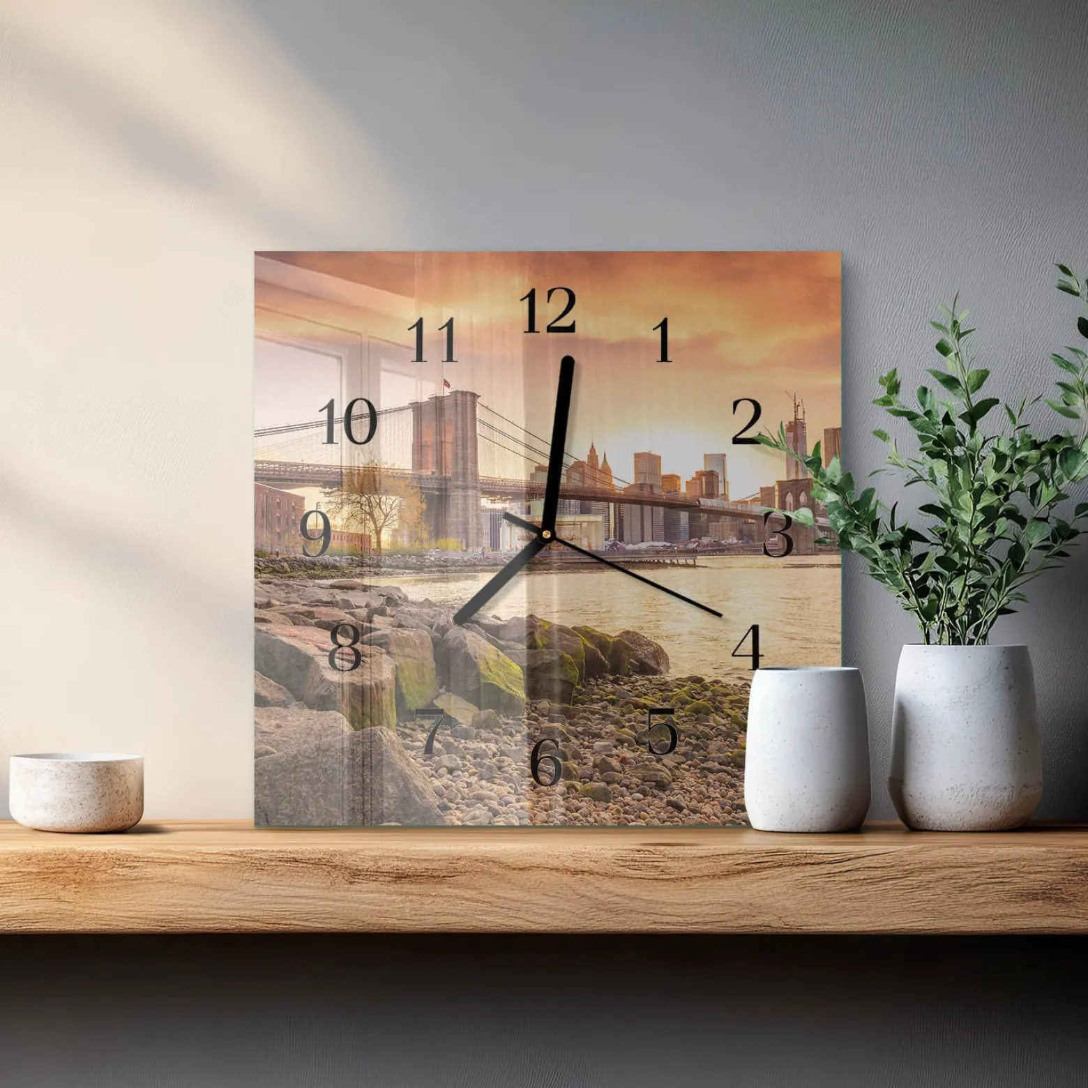 Zegar loft 30x30 Miasto Mostów szklany ścienny
