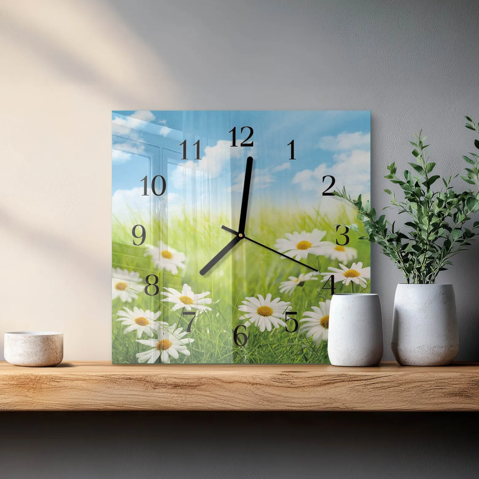 Zegar ostry 30x30 Łąka cichy mechanizm salon