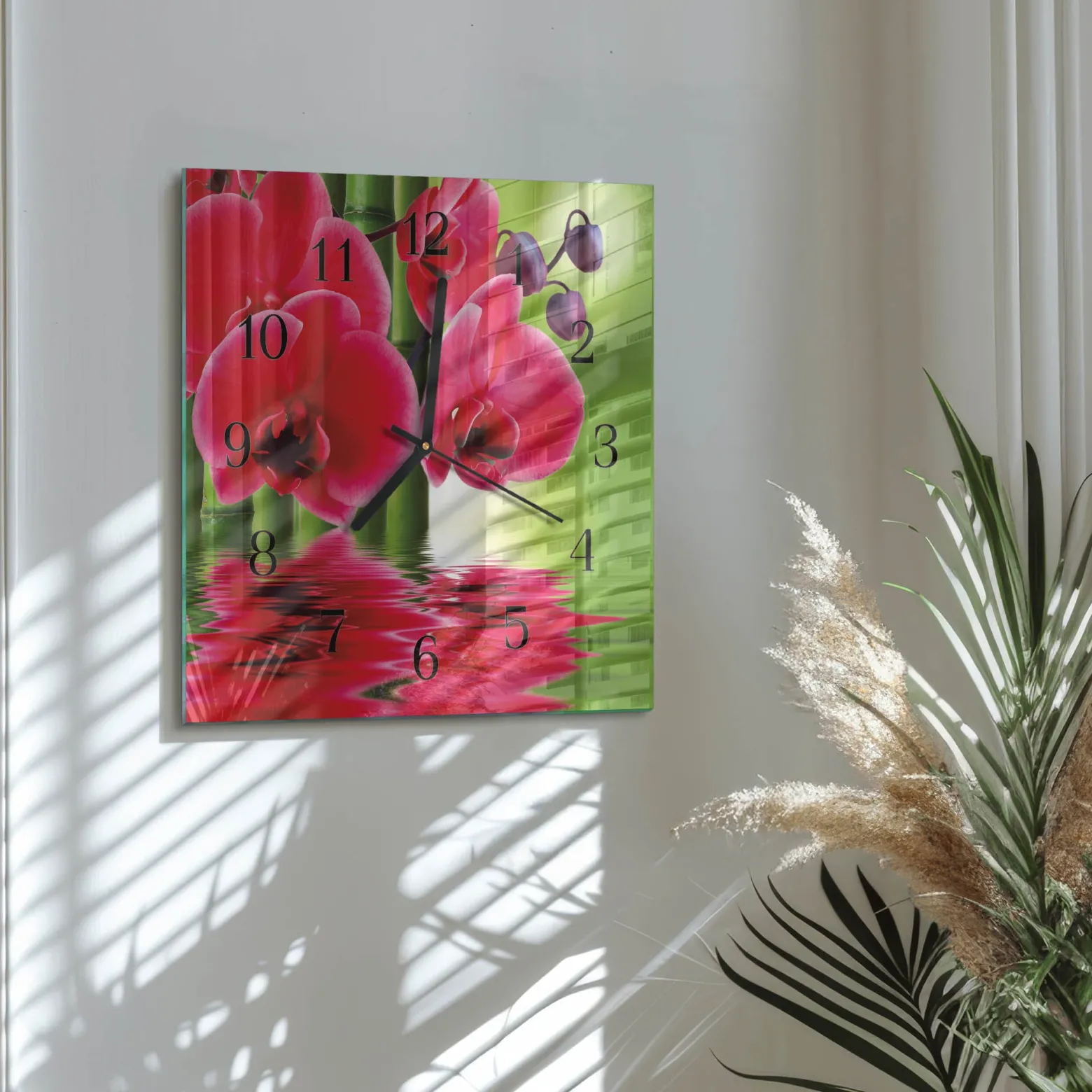 Zegar płynący 30x30 Orchidea dekoracyjny na ścianę