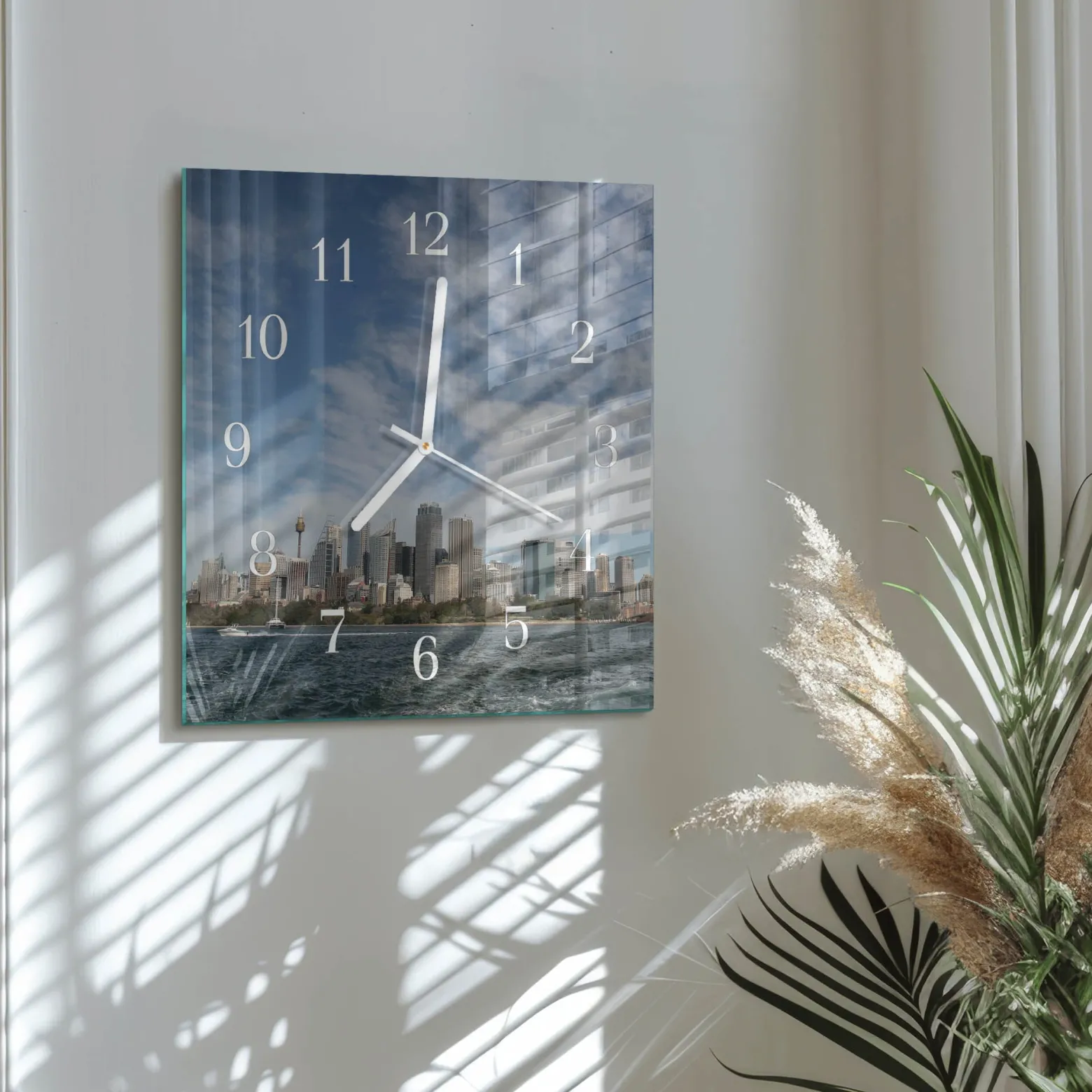 Zegar starówka 30x30 Miasto panorama budynki horyzont szklany