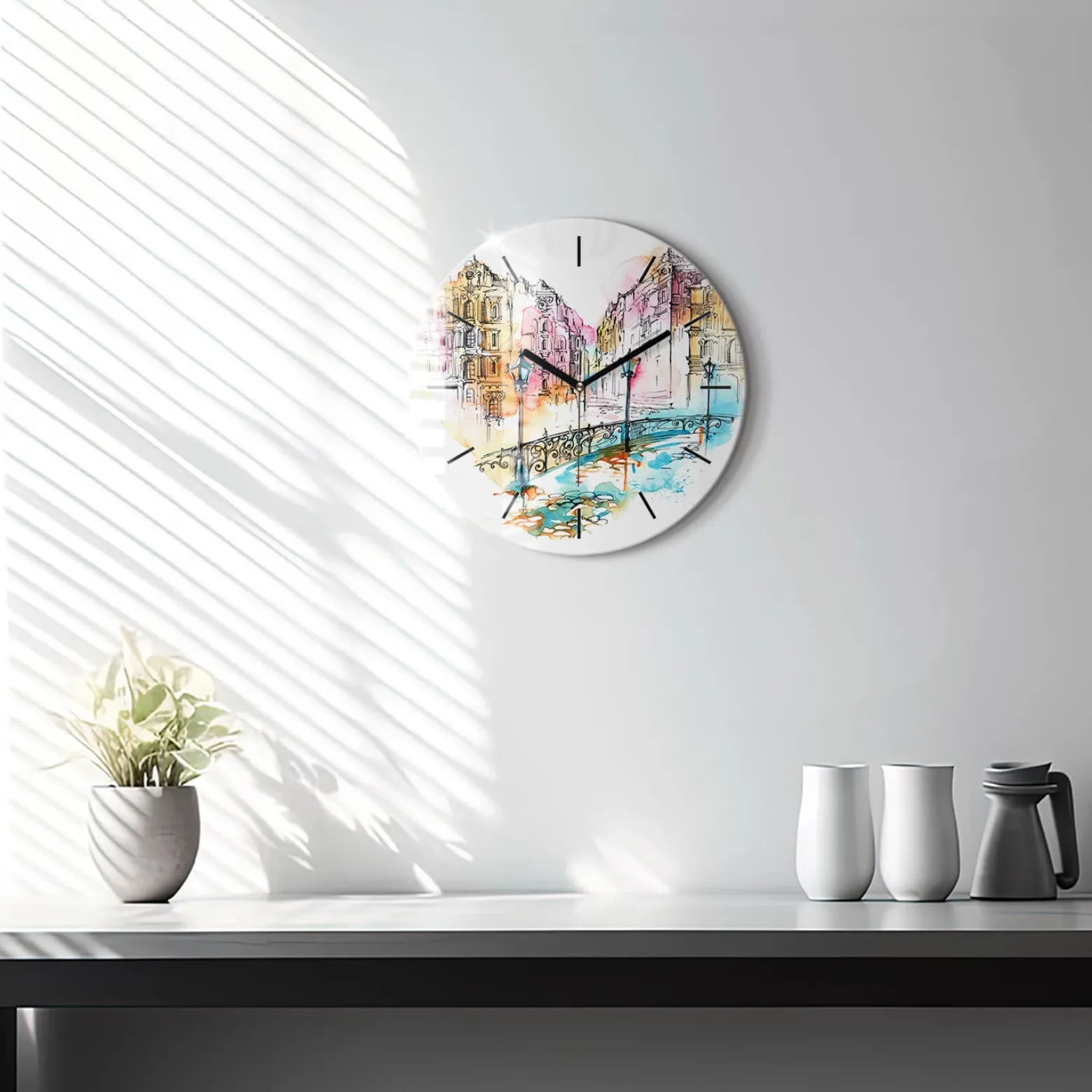 Zegar szklany ścienny do salonu Malowana architektura fi30