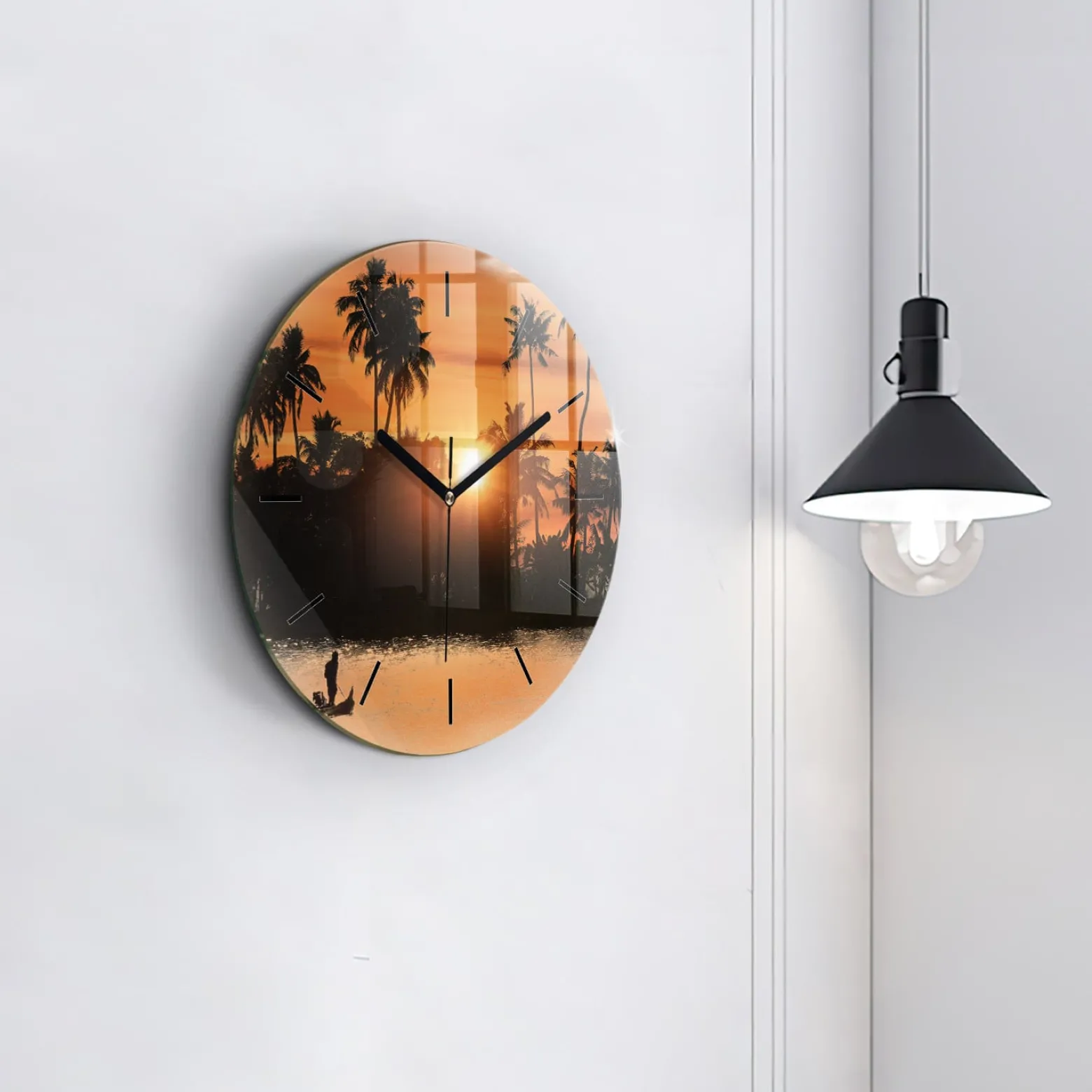 Zegar szklany ścienny do salonu Zachód słońca i palmy fi30