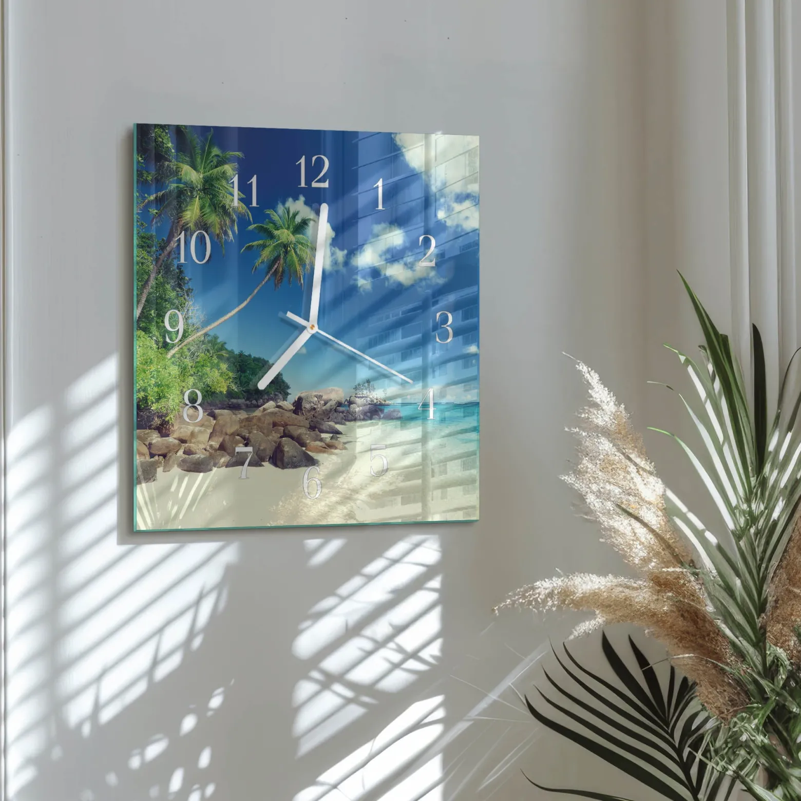 Zegar szklany 30x30 Plaża Palmowa zegar ścienny