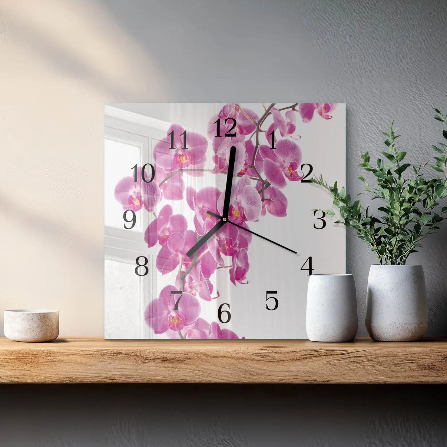 Zegar z grafiką 30x30 Orchidea ozdobny ścienny