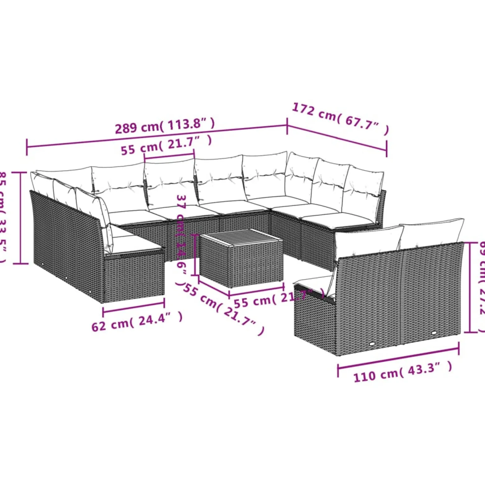 Zestaw Mebli Ogrodowych Modułowy Rattan Czarny Sofa Stół na Taras