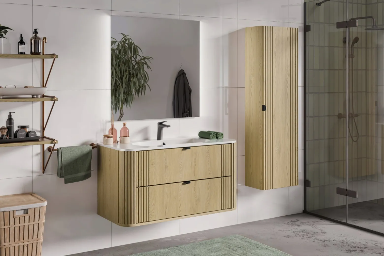 Zestaw OVALIA 100 cm Dąb Cremona ryflowany umywalka PURE czarne uchwyty
