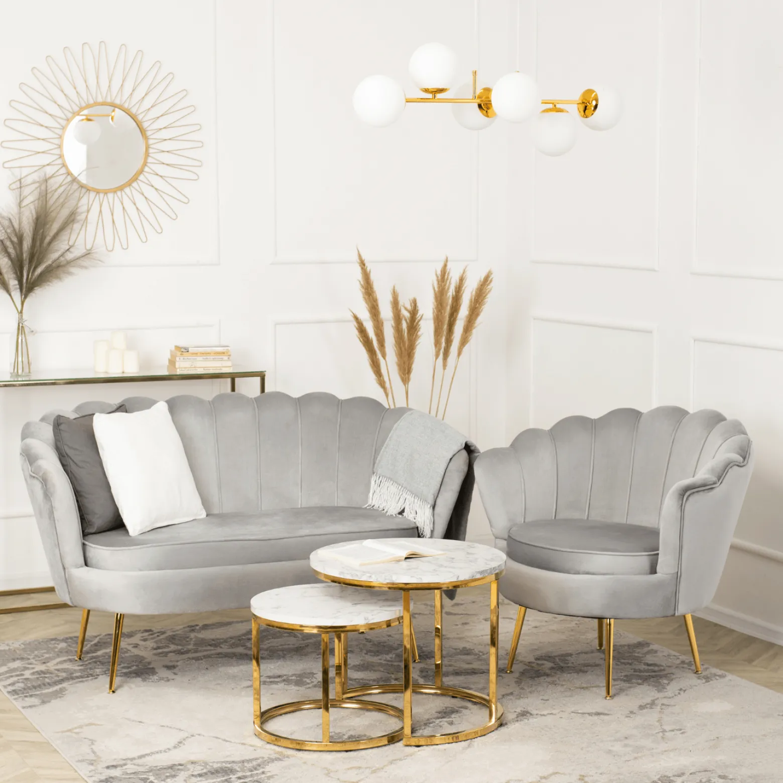 Zestaw Sofa Szara i Fotel Szary Muszelka Meble Wypoczynkowe Glamour Złote