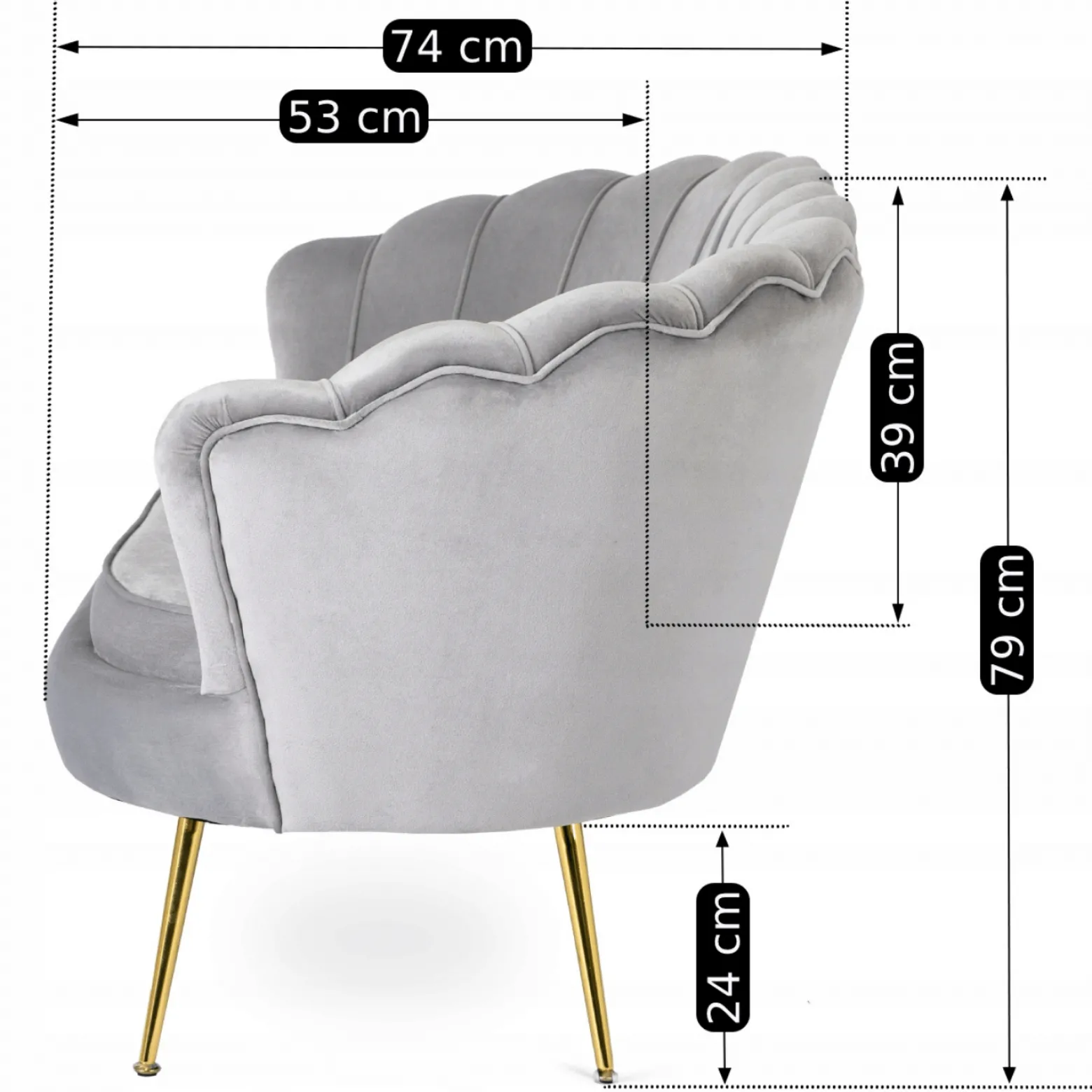 Zestaw Sofa Szara i Fotel Szary Muszelka Meble Wypoczynkowe Glamour Złote