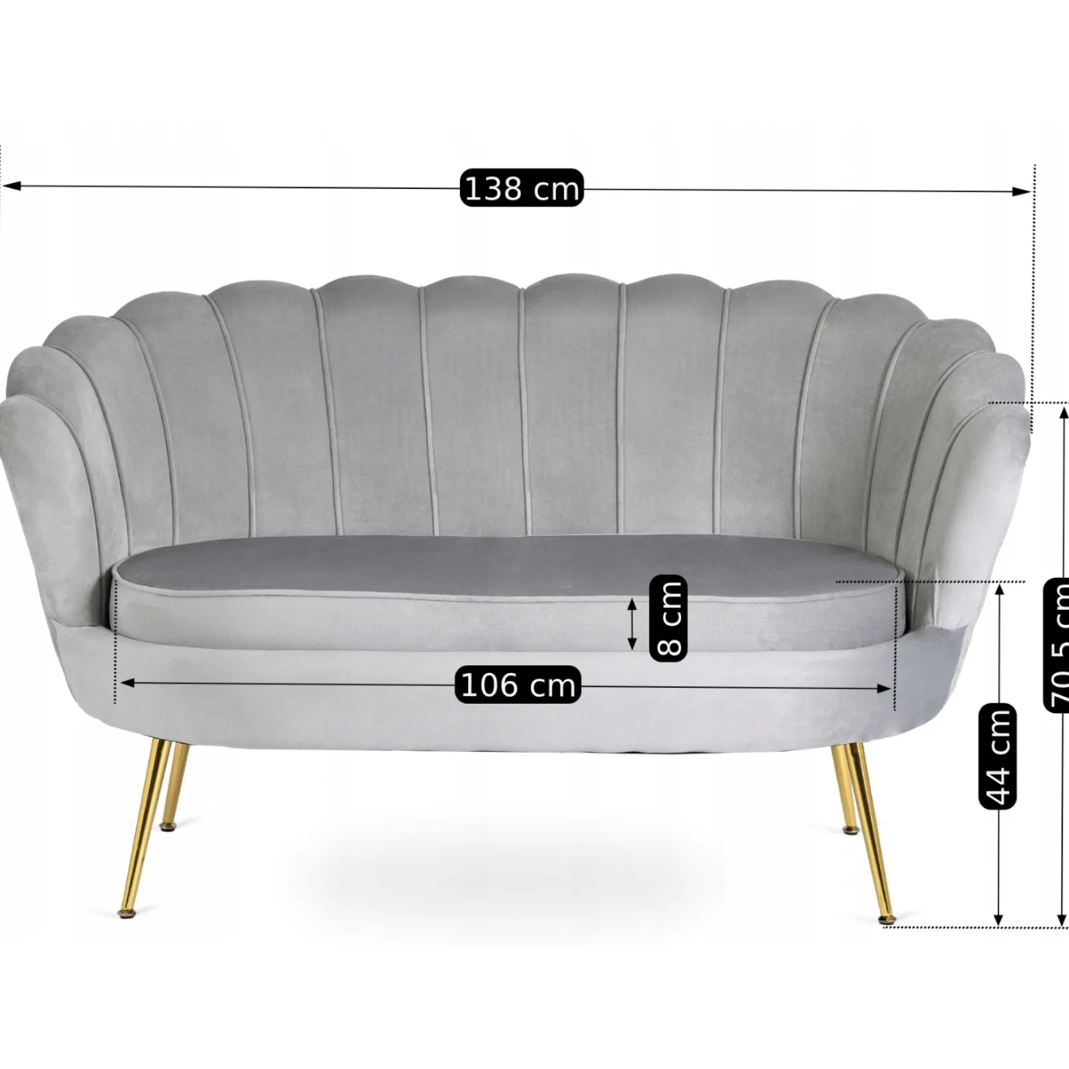 Zestaw Sofa Szara i Fotel Szary Muszelka Meble Wypoczynkowe Glamour Złote