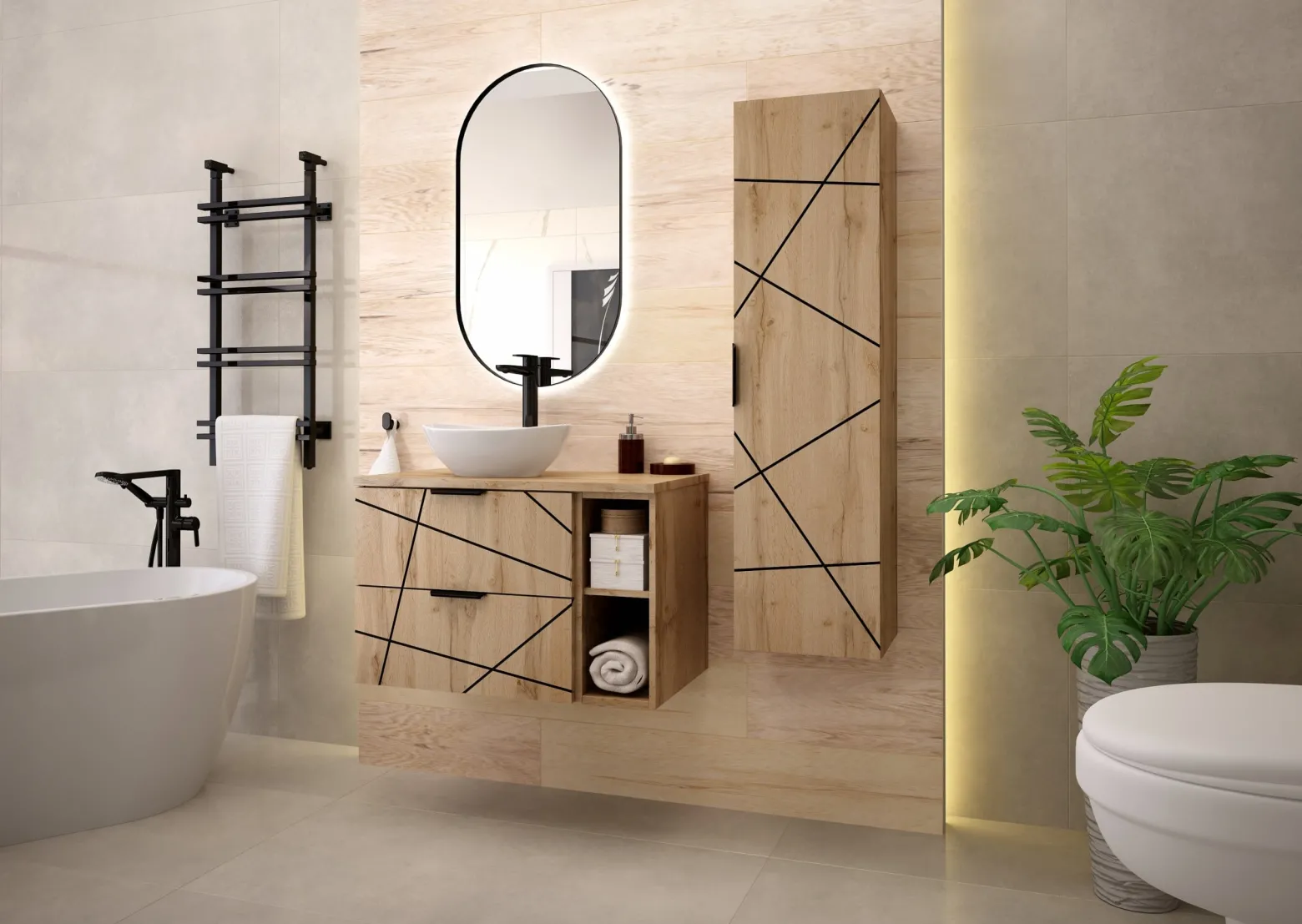 Zestaw Łazienkowy 80cm Szafka z Blatem Regał Umywalka Dąb Wotan Wood
