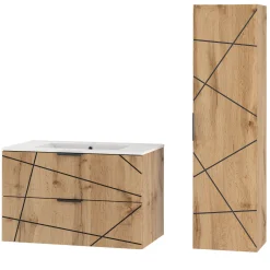 Zestaw Łazienkowy 80cm Szafka z Umywalką Słupek Dąb Wotan Wood