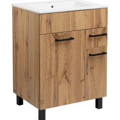 Zestaw do Łazienki 60cm Szafka z Umywalką Słupek 40cm Dąb Wotan
