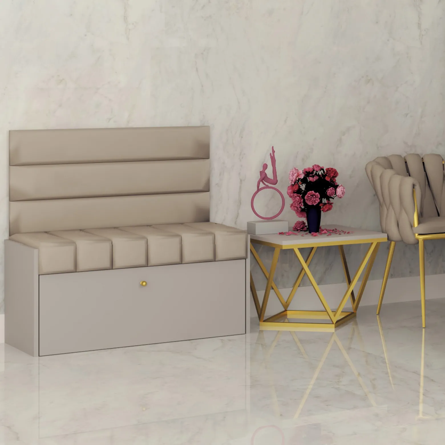 Zestaw Do Przedpokoju Diana P3 Kaszmir/Beż/Złoty 90X40X90 Cm Welur Beż