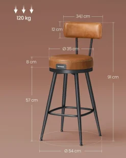 Zestaw 2 hokerów barowych obrotowych 360° brązowo czarne 91 cm siedzisko