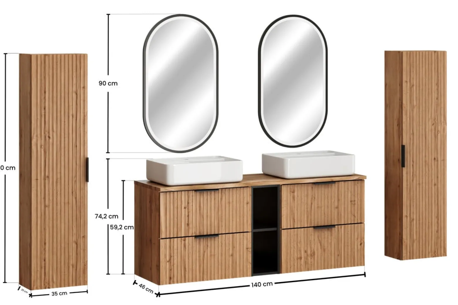 Zestaw Mebli Łazienkowych Adel Oak 140cm z Blatem, Dwoma Umywalkami