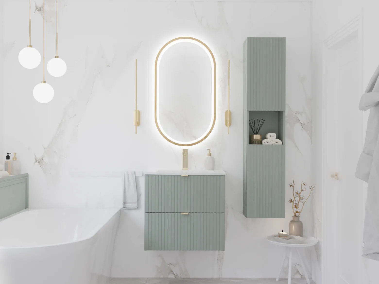 Zestaw Mebli Łazienkowych Line Reed Green 140cm z Blatem, 2 Umywalkami
