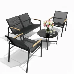 Zestaw mebli ogrodowych dla 4 osób sofa, krzesła, stolik metalowe, czarne