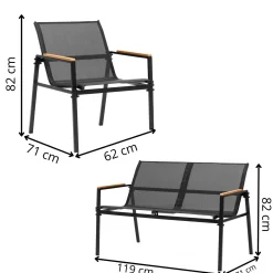 Zestaw mebli ogrodowych dla 4 osób sofa, krzesła, stolik metalowe, czarne