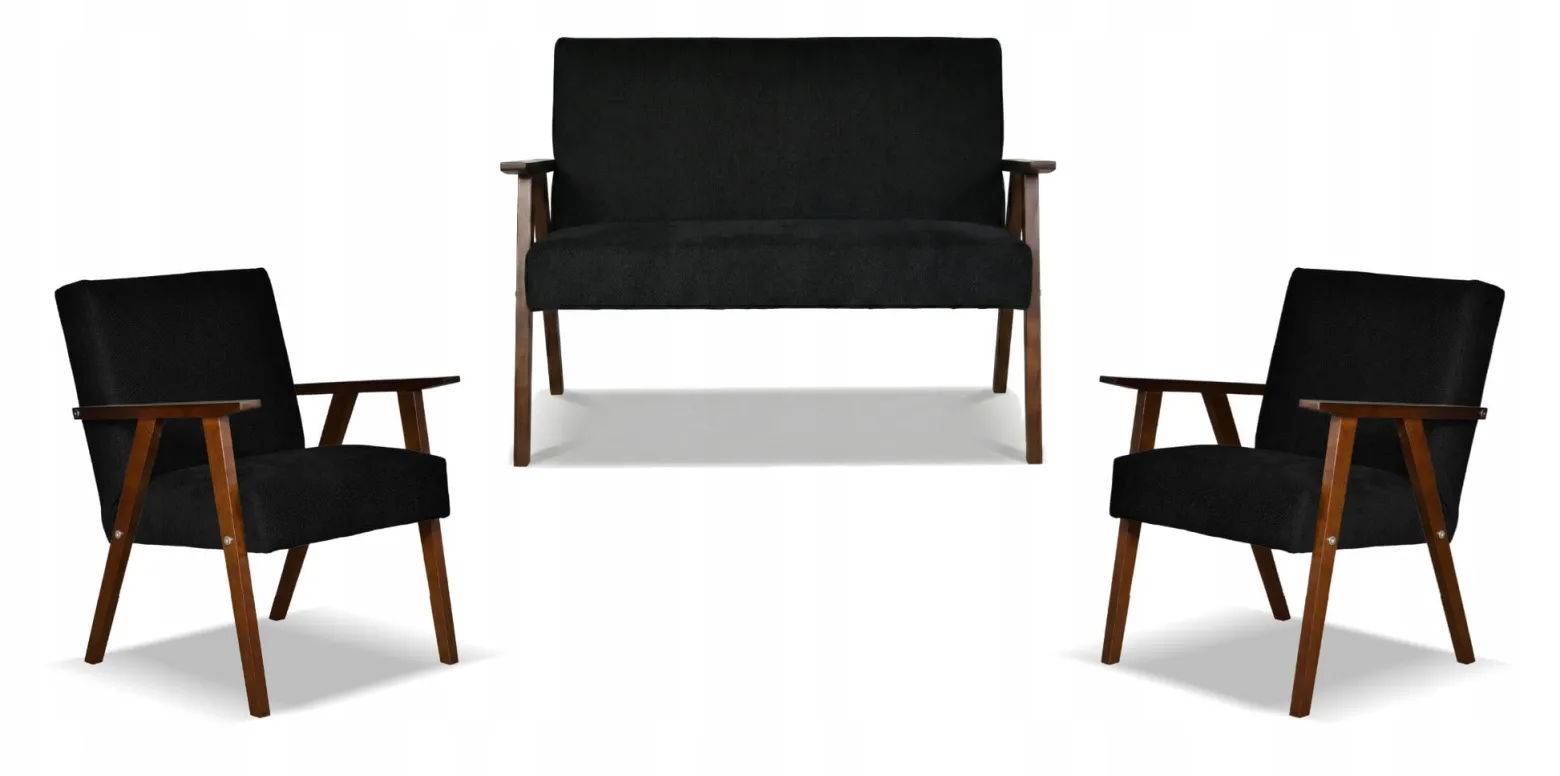 Zestaw mebli PRL retro SOLER sofa fotele Family Meble czarny welur Angel