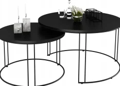 Zestaw Okrągłych Stolików Kawowych 2w1 Salon Loft Czarny+Czarny MiniPearl