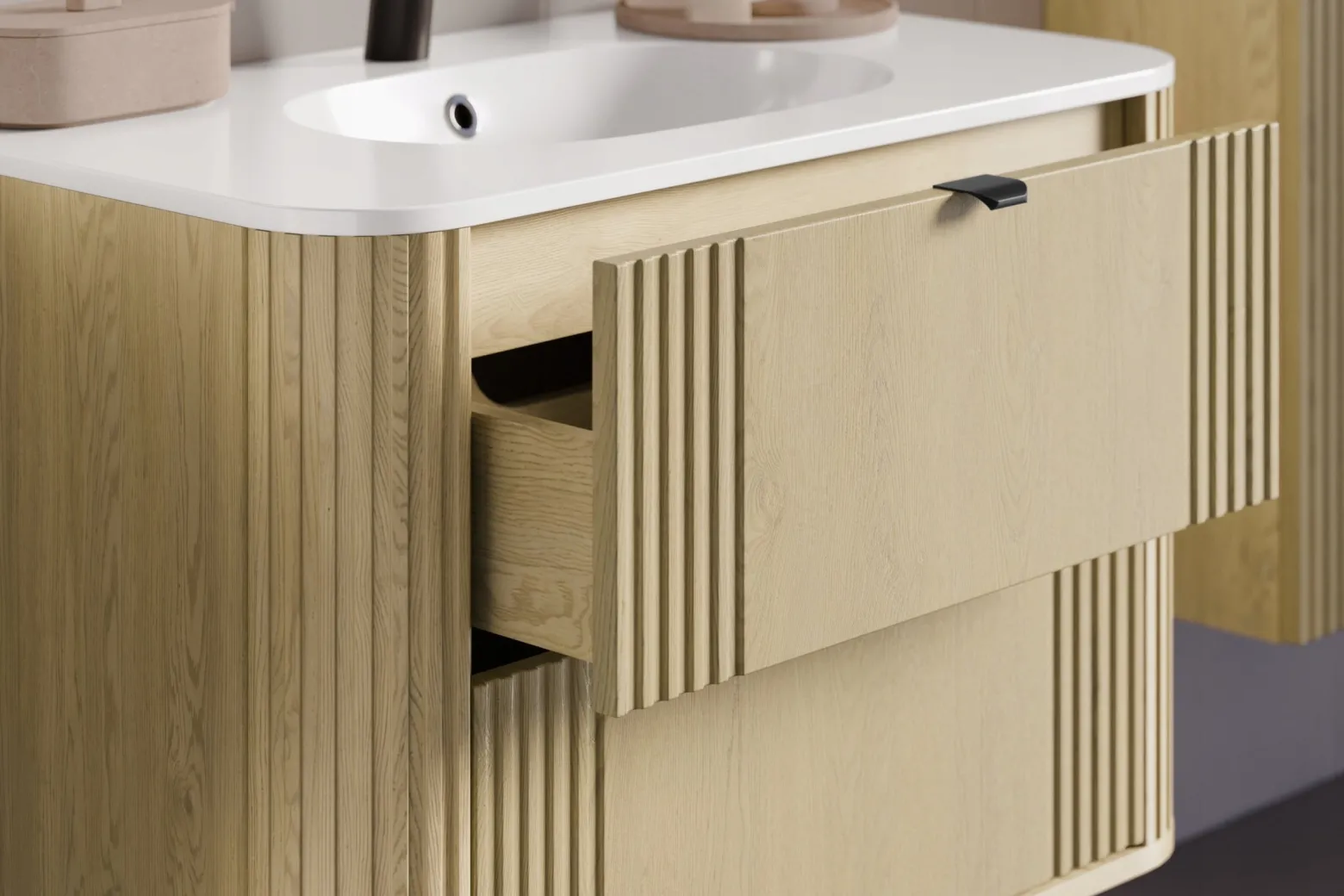 Zestaw OVALIA 100 cm Dąb Cremona ryflowany umywalka PURE czarne uchwyty