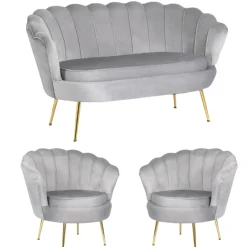 Zestaw Sofa Szara i 2 Fotele Muszelka Meble Wypoczynkowe Glamour Złote