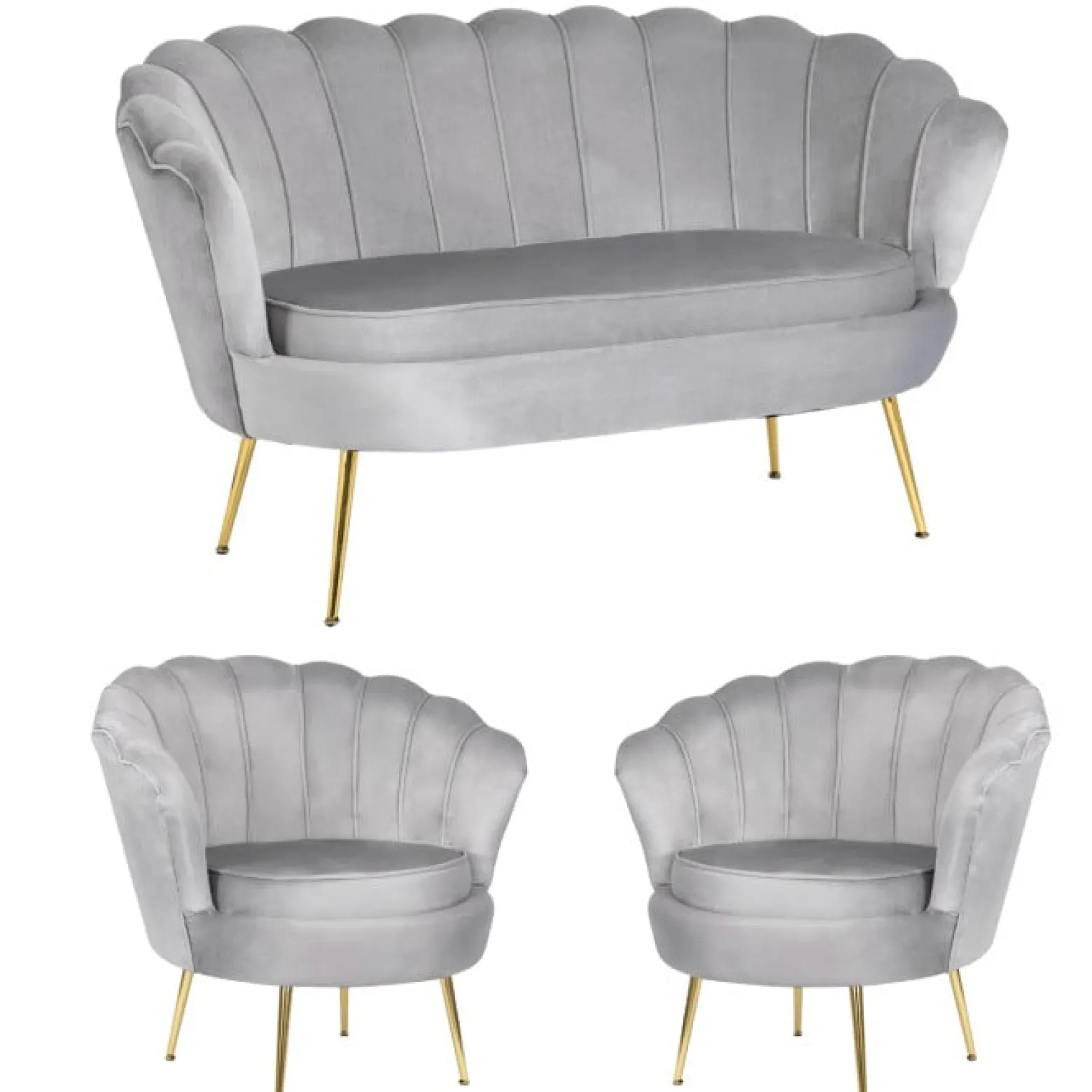 Zestaw Sofa Szara i 2 Fotele Muszelka Meble Wypoczynkowe Glamour Złote
