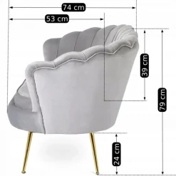 Zestaw Sofa Szara i 2 Fotele Muszelka Meble Wypoczynkowe Glamour Złote