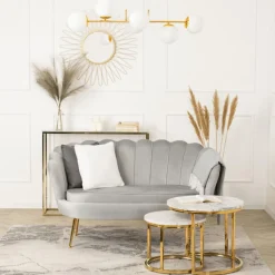 Zestaw Sofa Szara i 2 Fotele Muszelka Meble Wypoczynkowe Glamour Złote