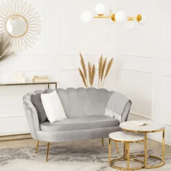 Zestaw Sofa Szara i 2 Fotele Muszelka Meble Wypoczynkowe Glamour Złote