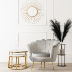 Zestaw Sofa Szara i 2 Fotele Muszelka Meble Wypoczynkowe Glamour Złote