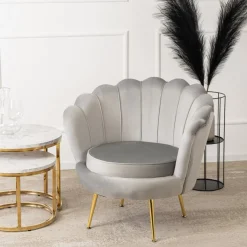 Zestaw Sofa Szara i 2 Fotele Muszelka Meble Wypoczynkowe Glamour Złote