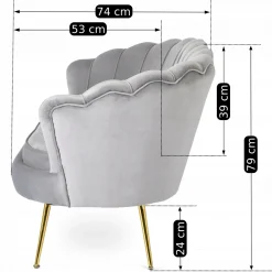 Zestaw Sofa Szara i Fotel Szary Muszelka Meble Wypoczynkowe Glamour Złote