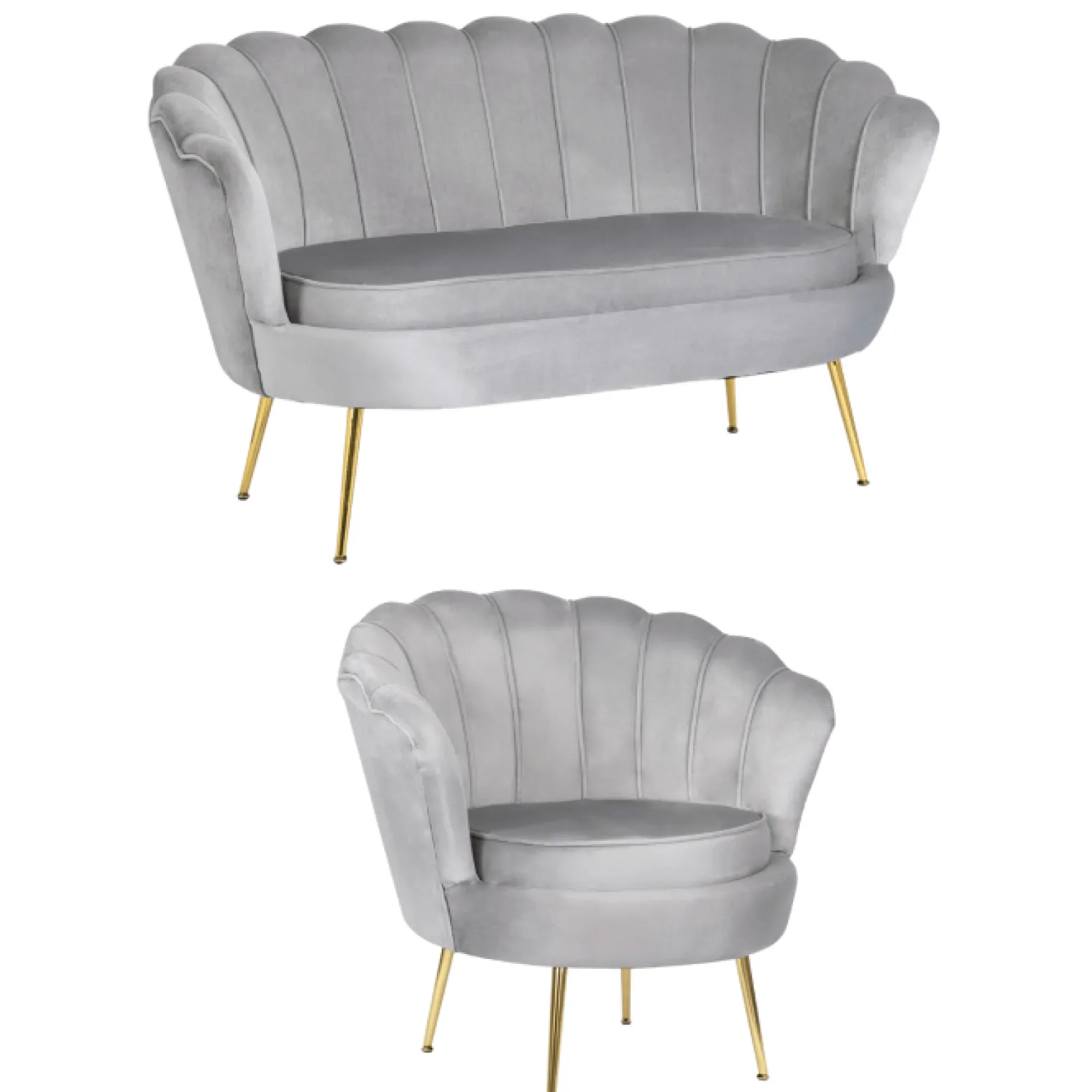Zestaw Sofa Szara i Fotel Szary Muszelka Meble Wypoczynkowe Glamour Złote