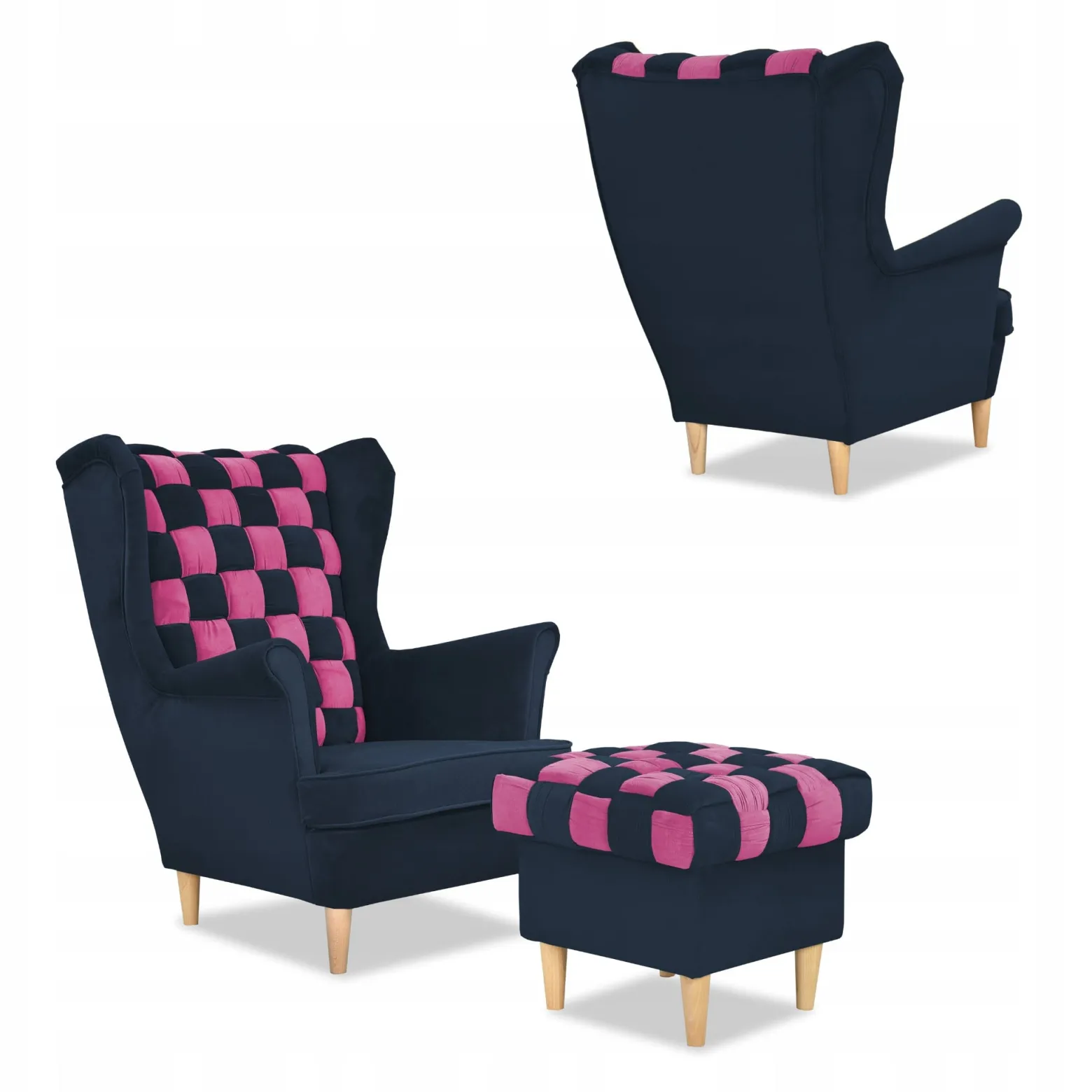 Zestaw uszak CAROL DUO sofa fotele pufy Family Meble granatowo - różowy