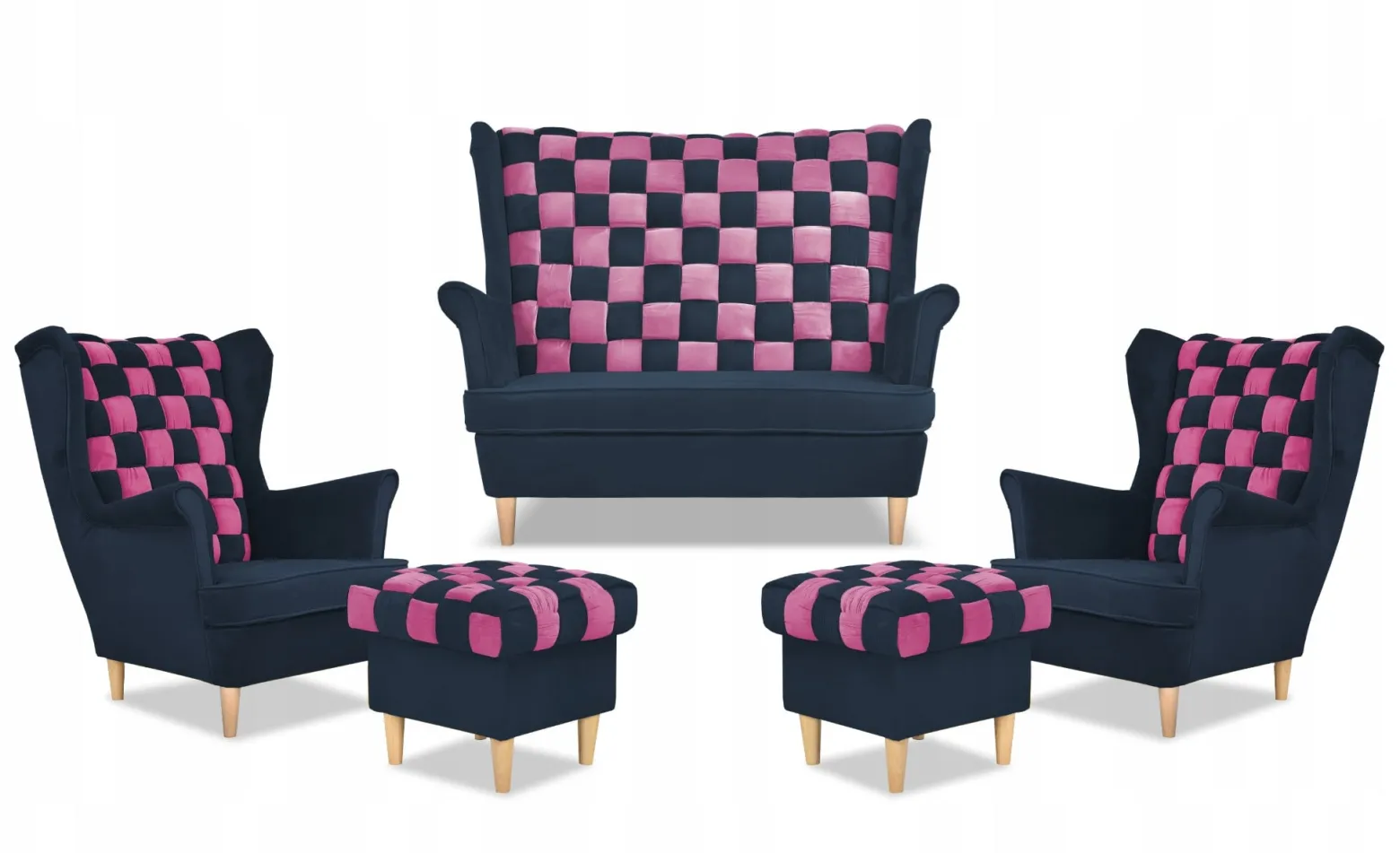 Zestaw uszak CAROL DUO sofa fotele pufy Family Meble granatowo - różowy