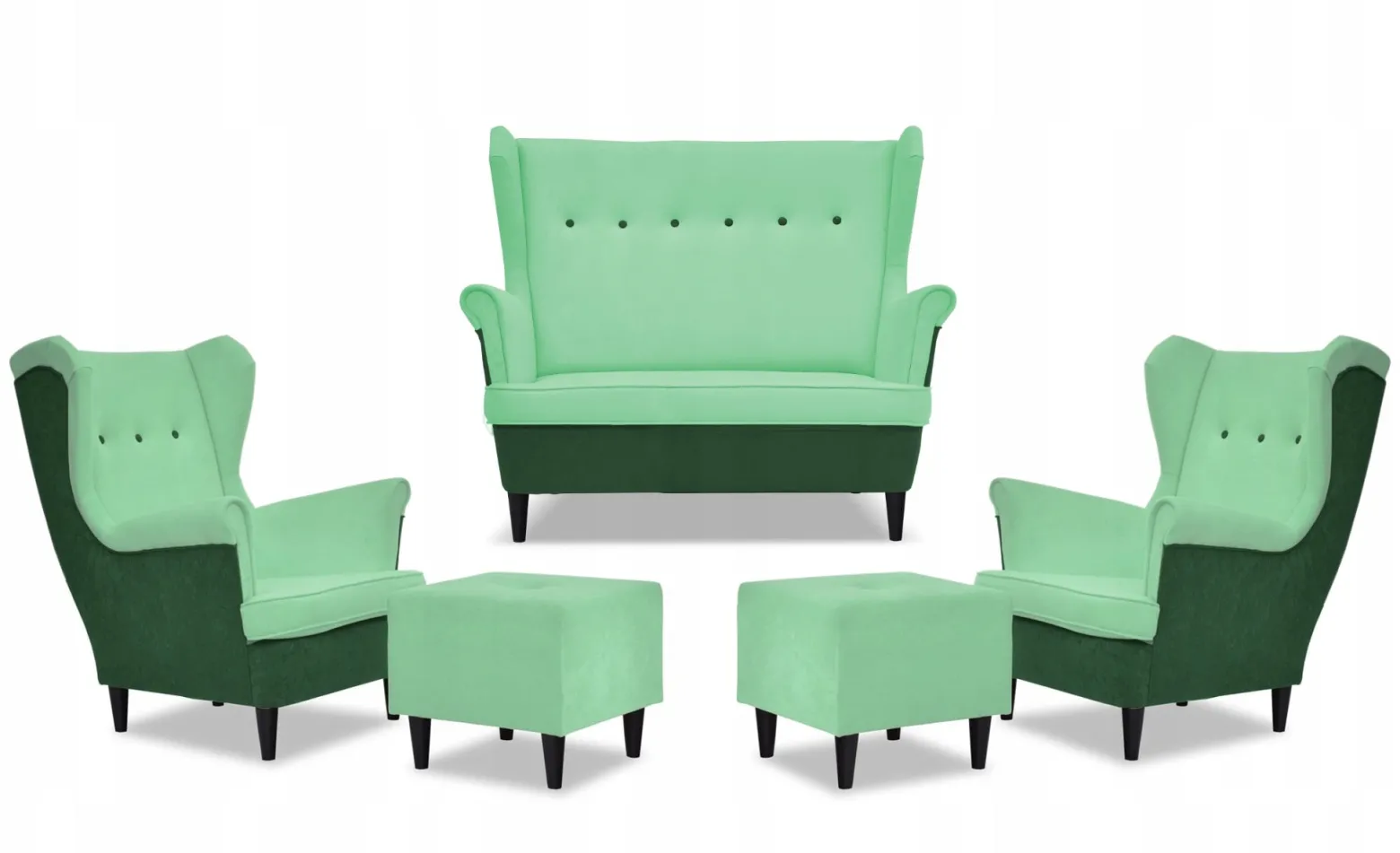 Zestaw wypoczynkowy ARI DUO sofa fotele pufy Family Meble zielono - miętowy