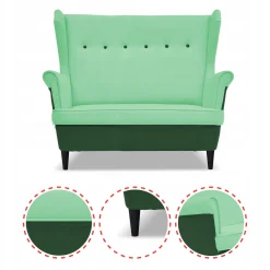 Zestaw wypoczynkowy ARI DUO sofa fotele pufy Family Meble zielono - miętowy