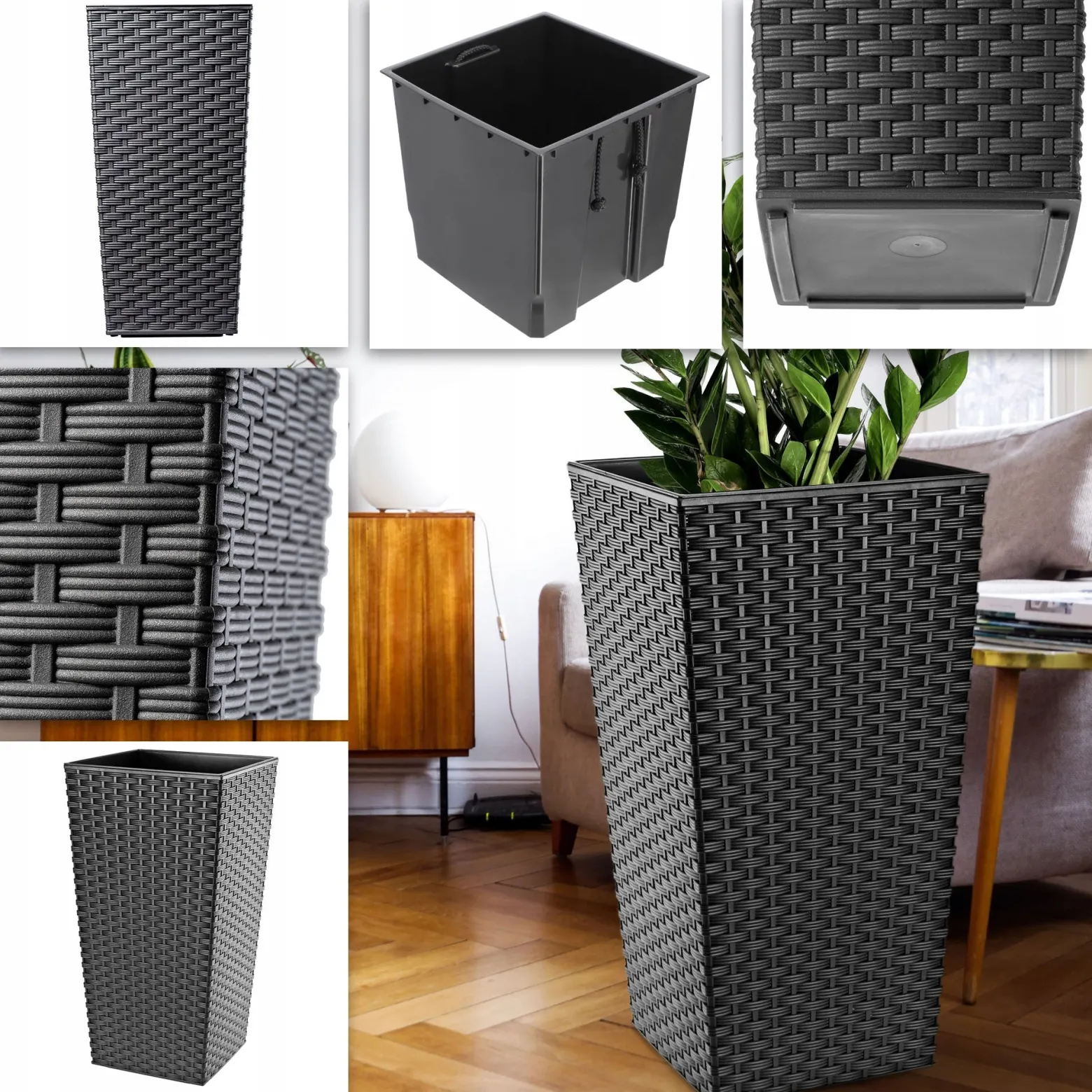 Zestaw 3x Donica Doniczka Wkład Rattan Grafit 68cm