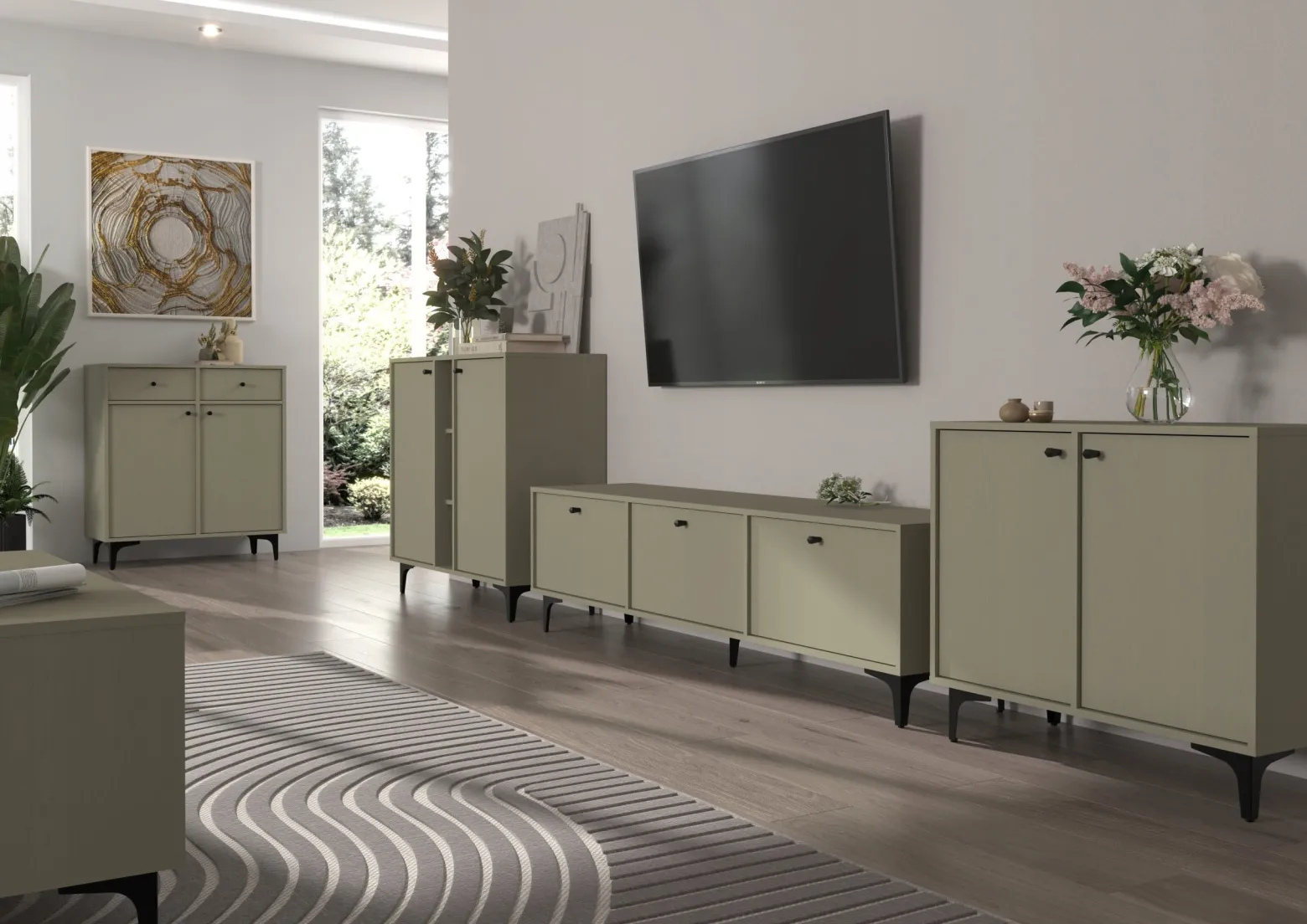 ZIELONA KOMODA AVILA 100 cm CZARNE Metalowe Nogi Uchwyt 2D2S