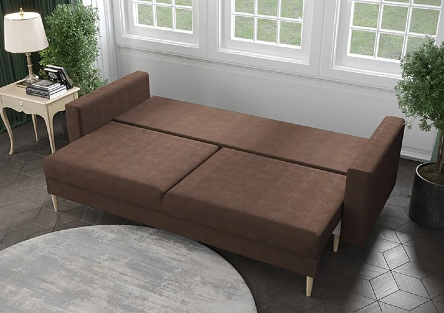 Zielona rozkładana sofa na nóżkach - Maren